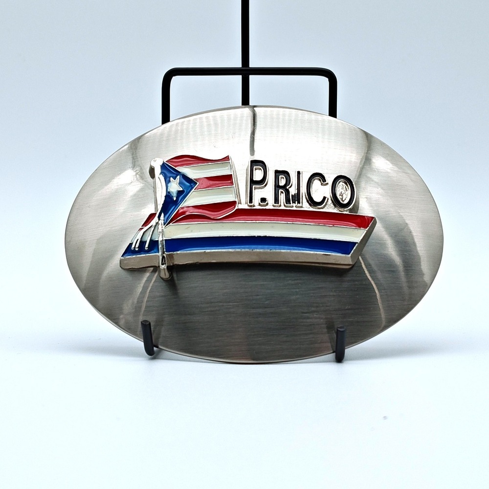 Puerto Rico Flag Belt Buckle P Rico‎ Large Oval Silver Tone Enamel